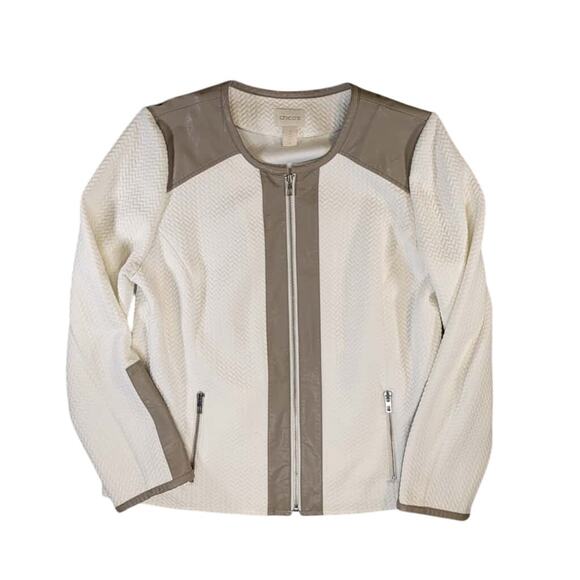 Chico’s Women L Ivory Brown Quilted Moto Jacket Faux Leather Zip Flawed - Picture 4 of 16